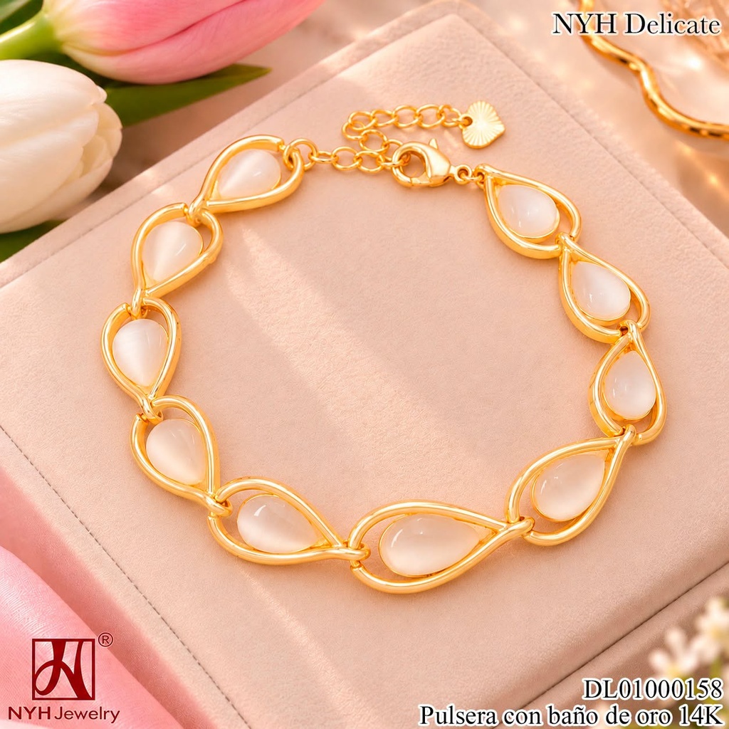 PULSERA BAÑO DE ORO 14K. CROQUI GOTA/GOTA CREMA WD5045A (OC.)