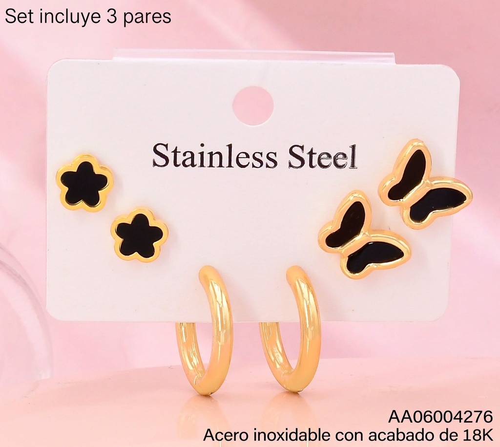 PAQ.3 PARES ARETES ACERO INOX. ACABADO 18K FLOR NEGRA/HUGGIES/MARIPOSA NEGRA  (2V26)