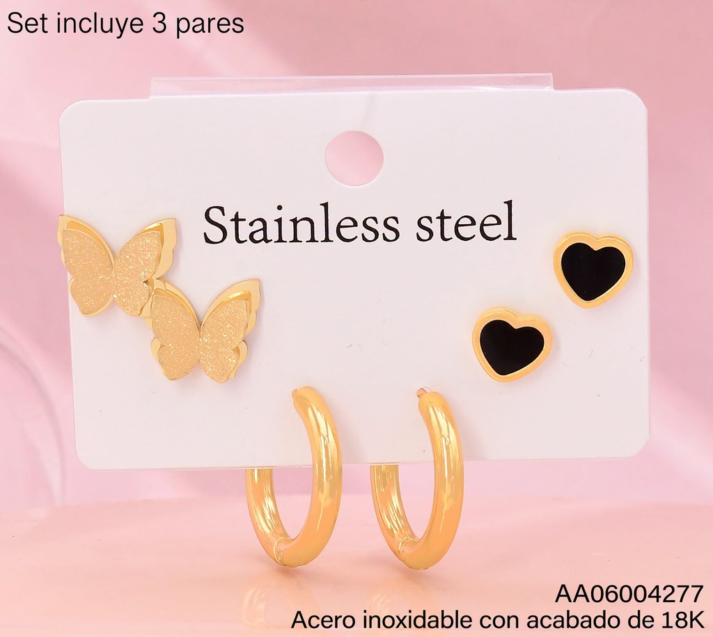 PAQ. 3 PARES ARETES ACERO INOX. ACABADO 18K MARIPOSA/HUGGIES/CORAZON NEGRO (2V26)