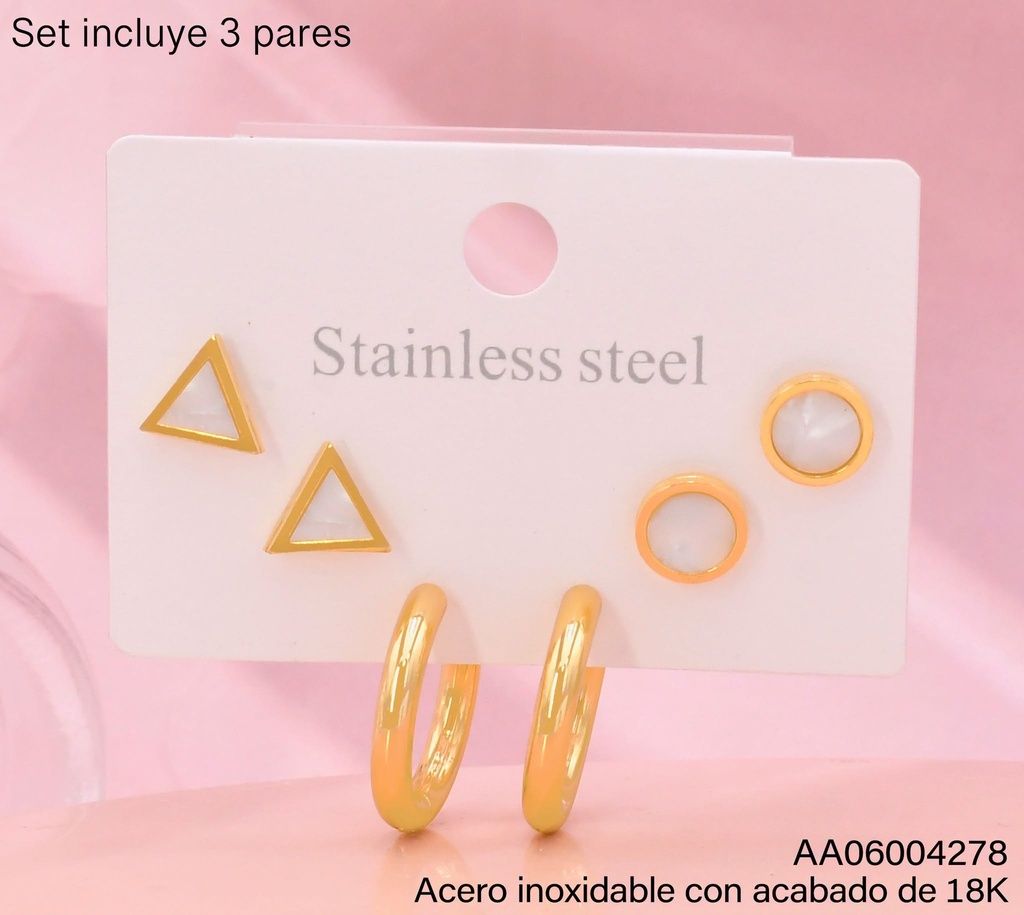 PAQ. 3 PARES ARETES ACERO INOX. ACABADO 18K TRIANGULO/HUGGIES/CIRC. BLANCO (2V26)