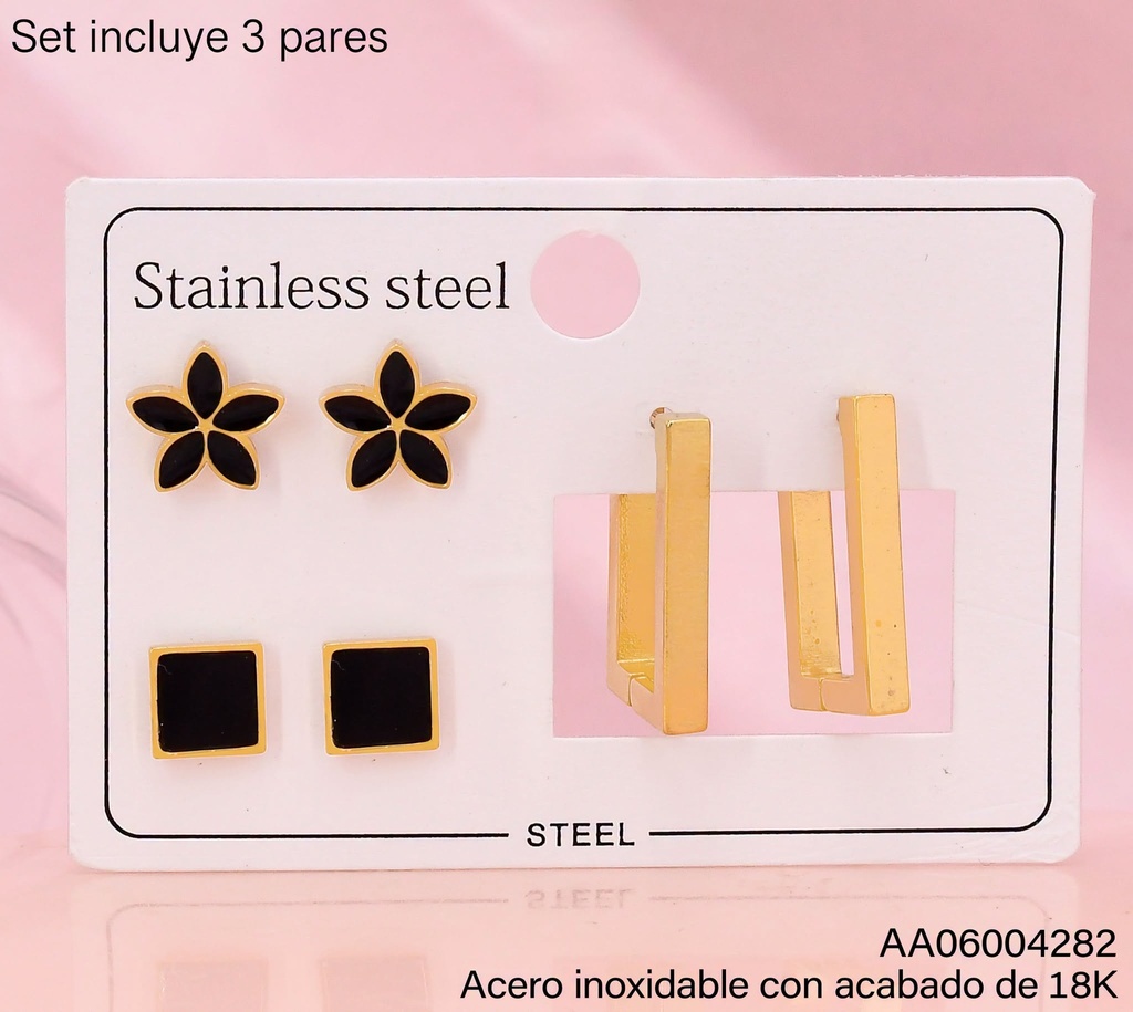 PAQ. 3 PARES ARETES ACERO INOX. ACABADO 18K. FLOR NEGRA/CD NEGRO/HUGGIES RECT. (2V26)