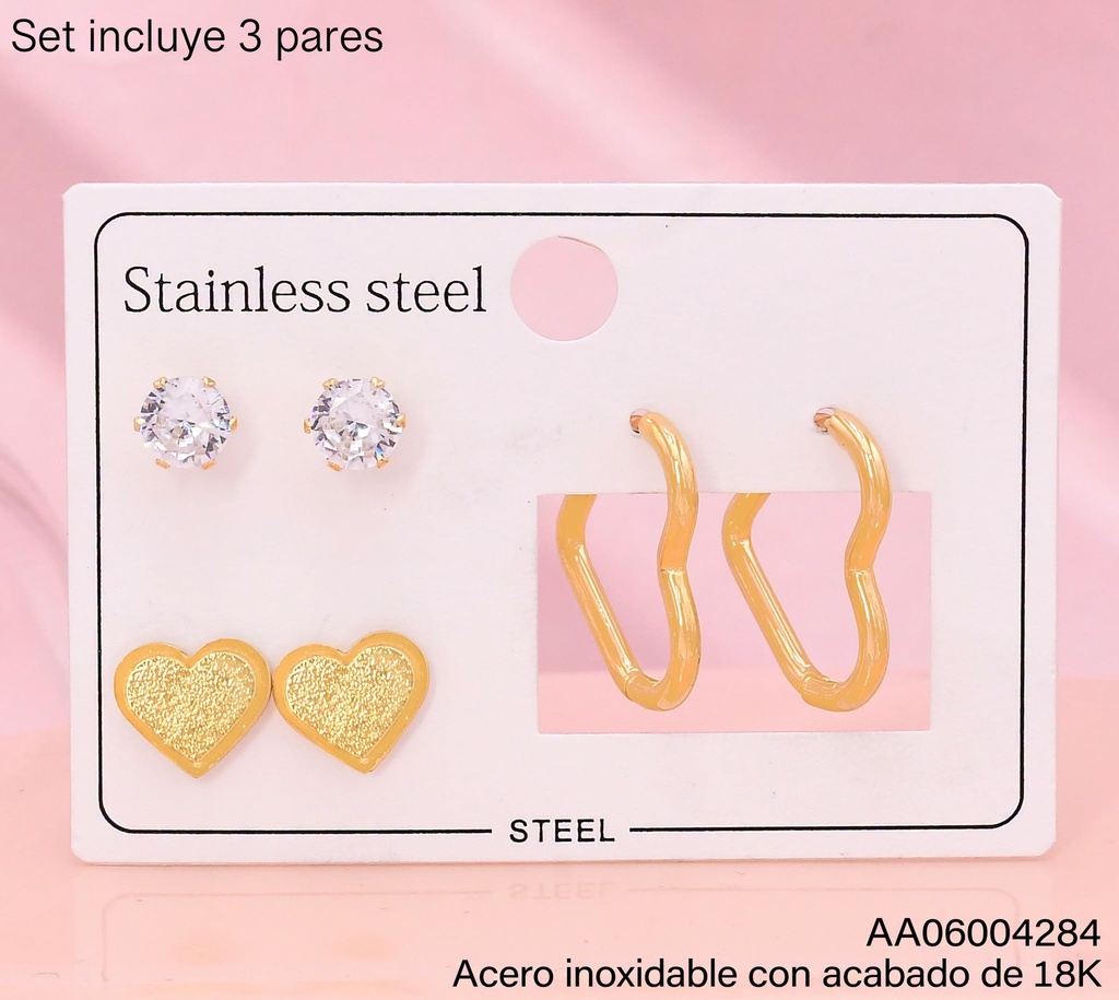 PAQ. 3 PARES ARETES ACERO INOX. ACABADO 18K ZIRC RD/CORAZON/HUGGIES CORAZON (V26)