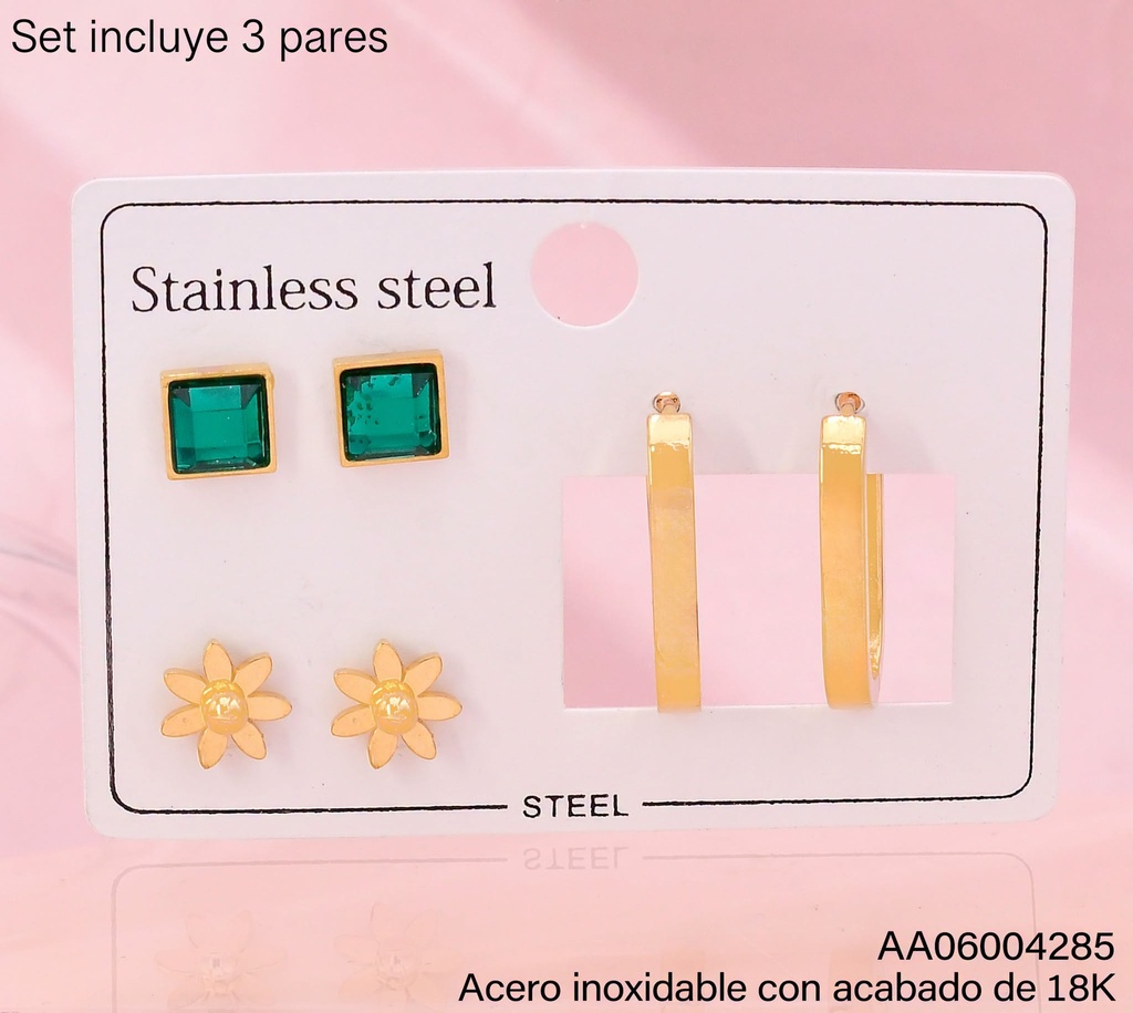 PAQ. 3 PARES ARETES ACERO INOX. ACABADO 18K. ZIRC CD VERDE/FLOR/HUGGIE (2V26)