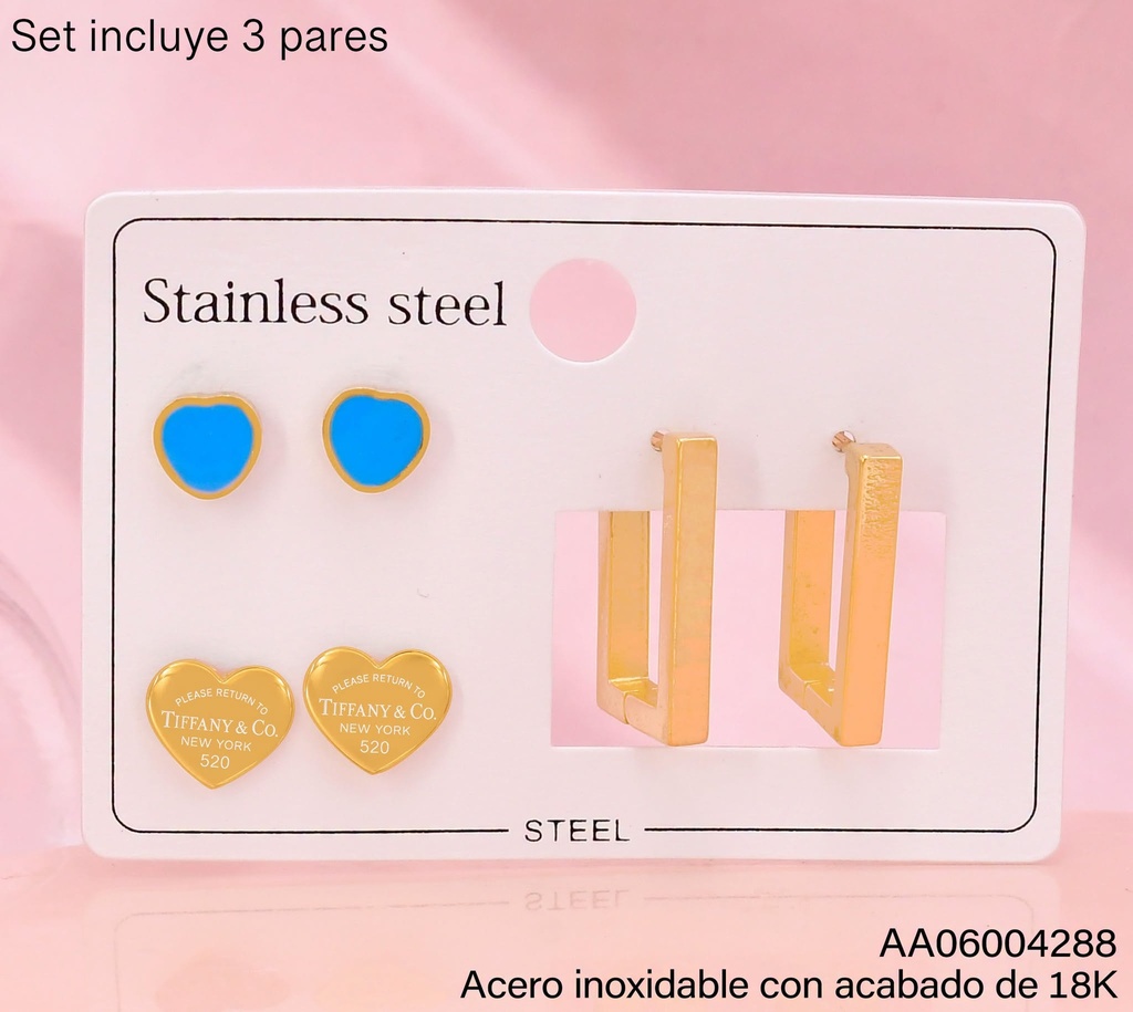 PAQ. 3 PARES ARETES  ACERO INOX. ACABADO 18K CORAZON CELESTE/CORAZON TIFFANY/HUGGIES RECT.(2V26)
