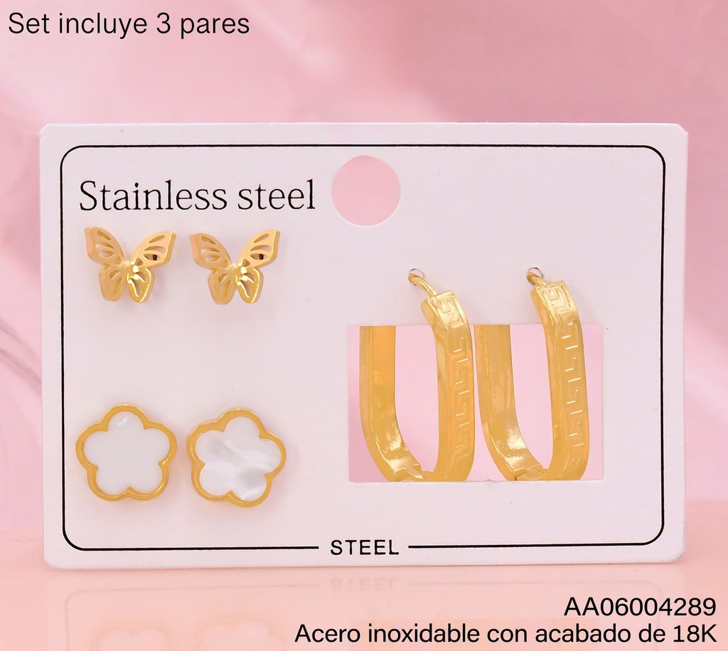 PAQ. 3 PARES ARETES ACERO INOX. ACABADO 18K  FLOR/MARIPOSA/HUGGIES (2V26)
