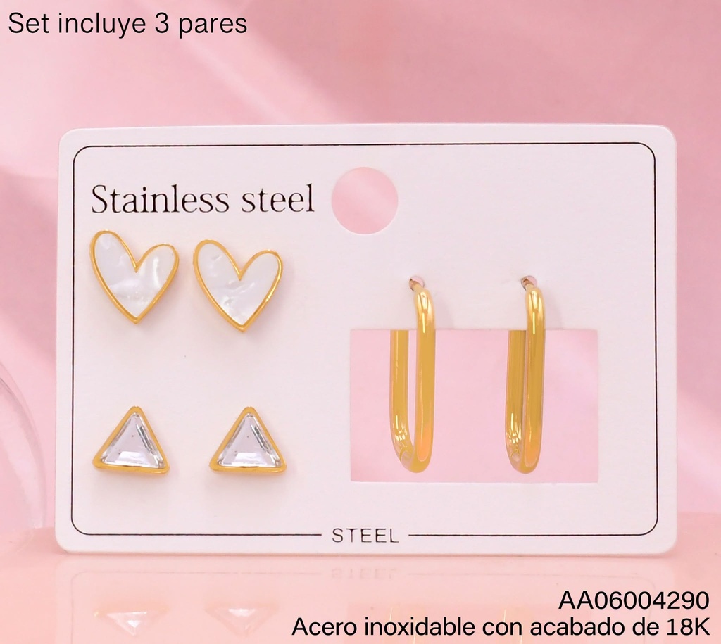 PAQ. 3 PARES ARETES ACERO INOX. ACABADO 18K. CORAZON BLANCO/TRIANGULO/HUGGIE (2V26)