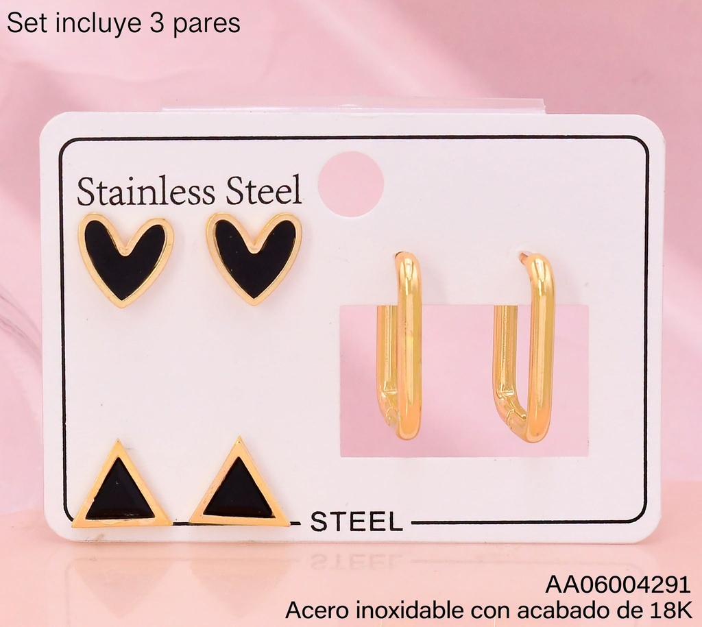 PAQ. 3 PARES ARETES ACERO INOX. ACABADO 18K CORAZON NEGRO/TRIANGULO NEGRO/HUGGIES(2V26)
