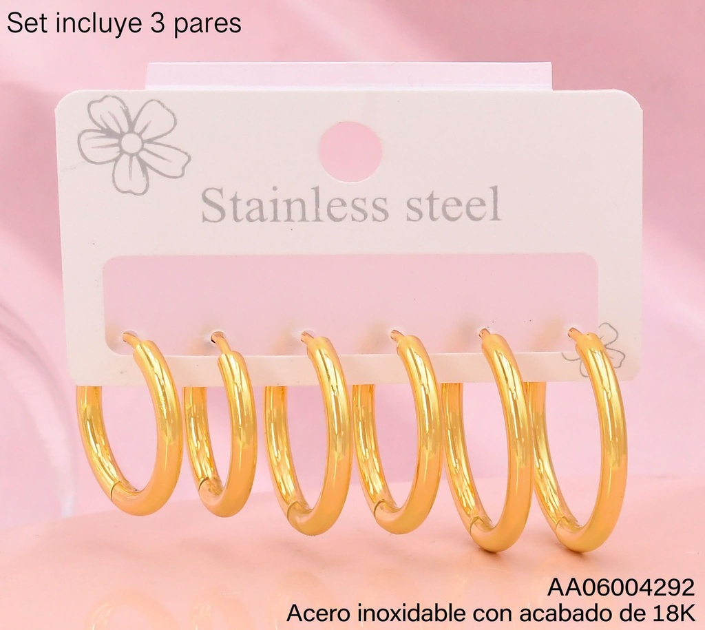PAQ. 3 PARES ARETES ACERO INOX. ACABADO 18K HUGGIES LISAS (2V26)