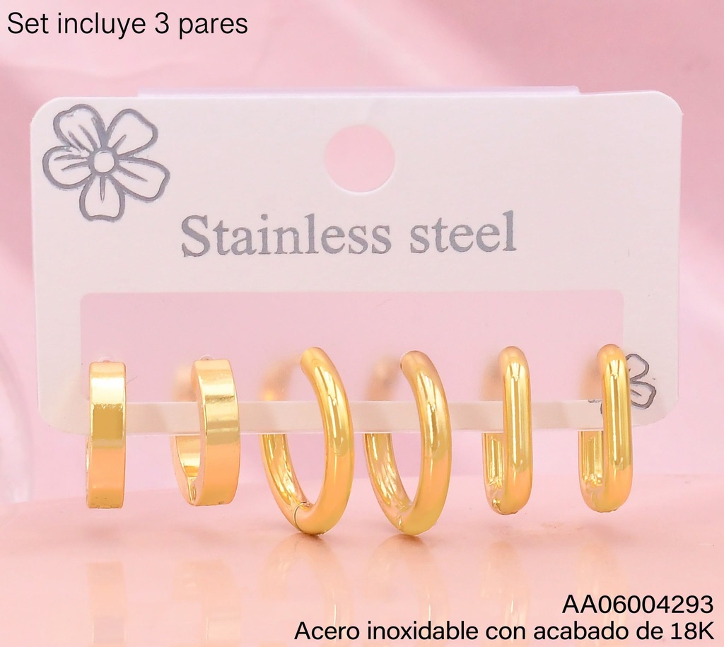 PAQ. 3 PARES ARETES ACERO INOX. ACABADO 18K HUGGIES LISAS(2V26)
