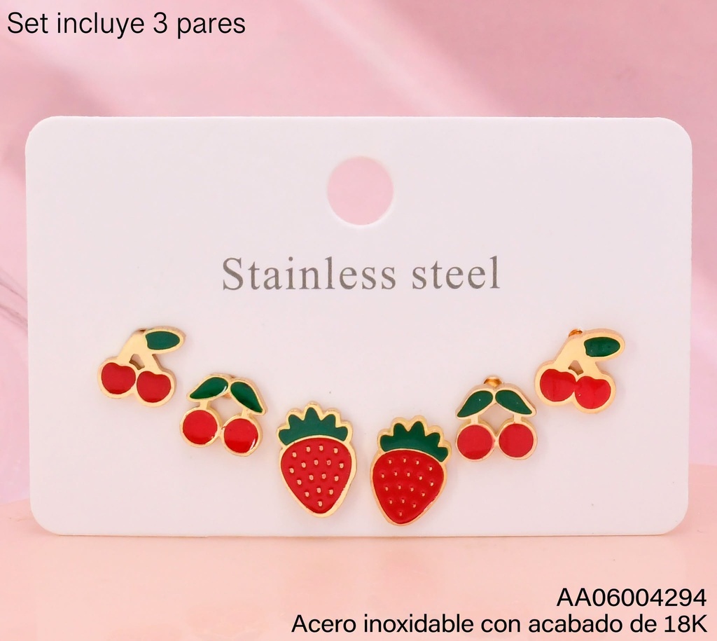 PAQ. 3 PARES ARETES ACERO INOX. ACABADO 18K.CEREZAS/FRESA(2V26)
