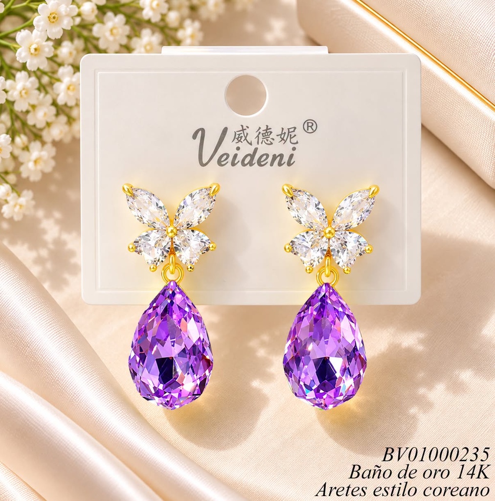 ARETES BAÑO DE ORO 14K. MARIPOSA ZIRC. CRISTAL/ZIRC. OV. LILA EH-3918 (VEI080926)