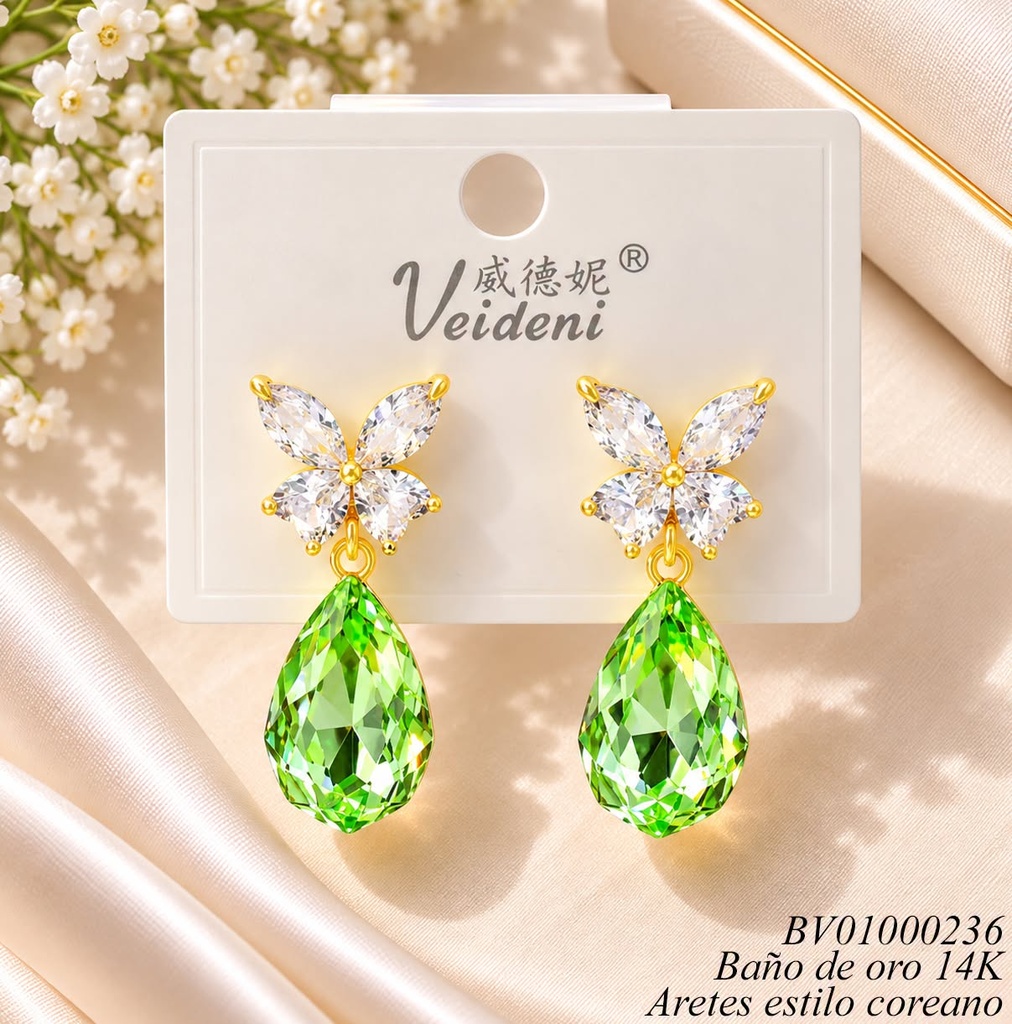 ARETES BAÑO DE ORO 14K. MARIPOSA ZIRC. CRISTAL/ZIRC. OV. VERDE EH-3918 (VEI080926)