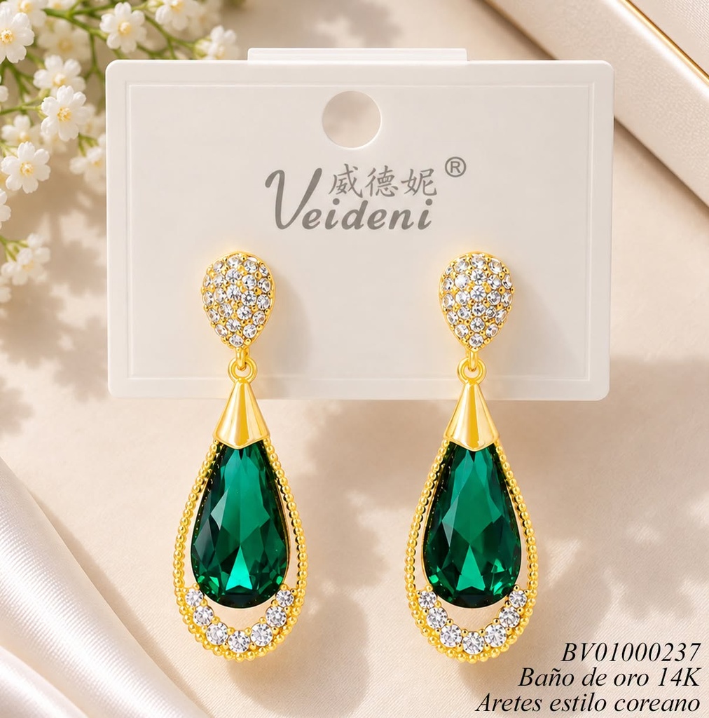 ARETES BAÑO ORO 14K. GOTA ZIRC IVERT./GOTA VERDE (VEI080926)