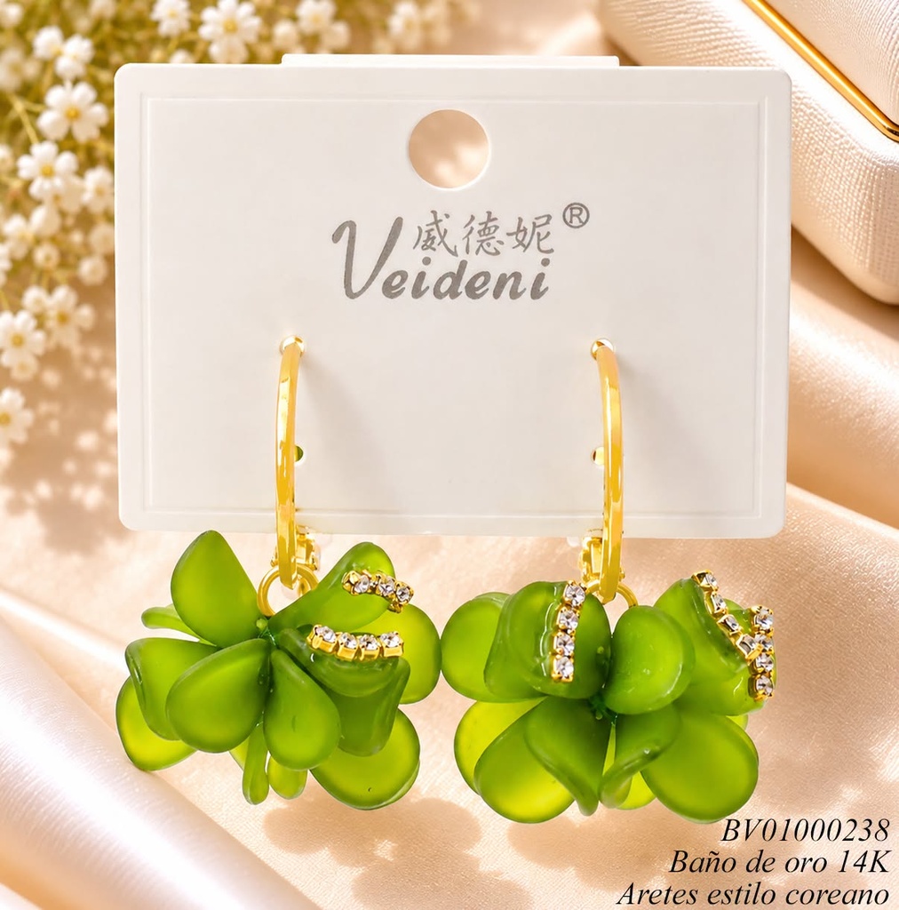 ARETES BAÑO ORO 14K. FLOR VERDE EH-0992 (VEI080926)