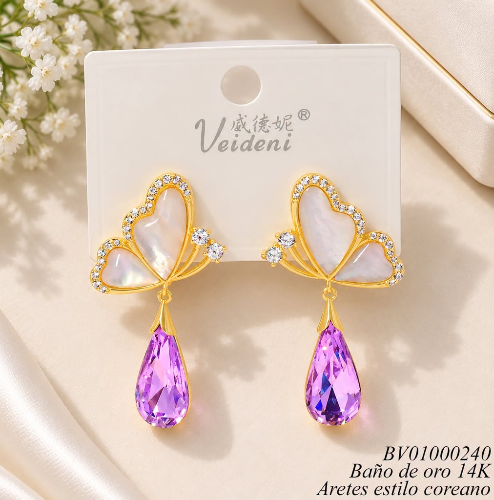 ARETES BAÑO ORO 14K. MARIPOSA VISTA LATERAL EH-1376(VEI080926)