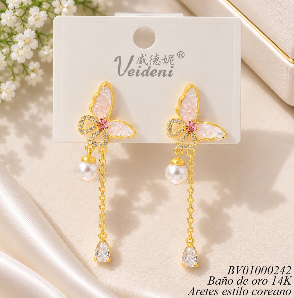ARETES BAÑO ORO 14K. MARIPOSA BLANCA/COLGANTES EH-4147 (VEI080926)