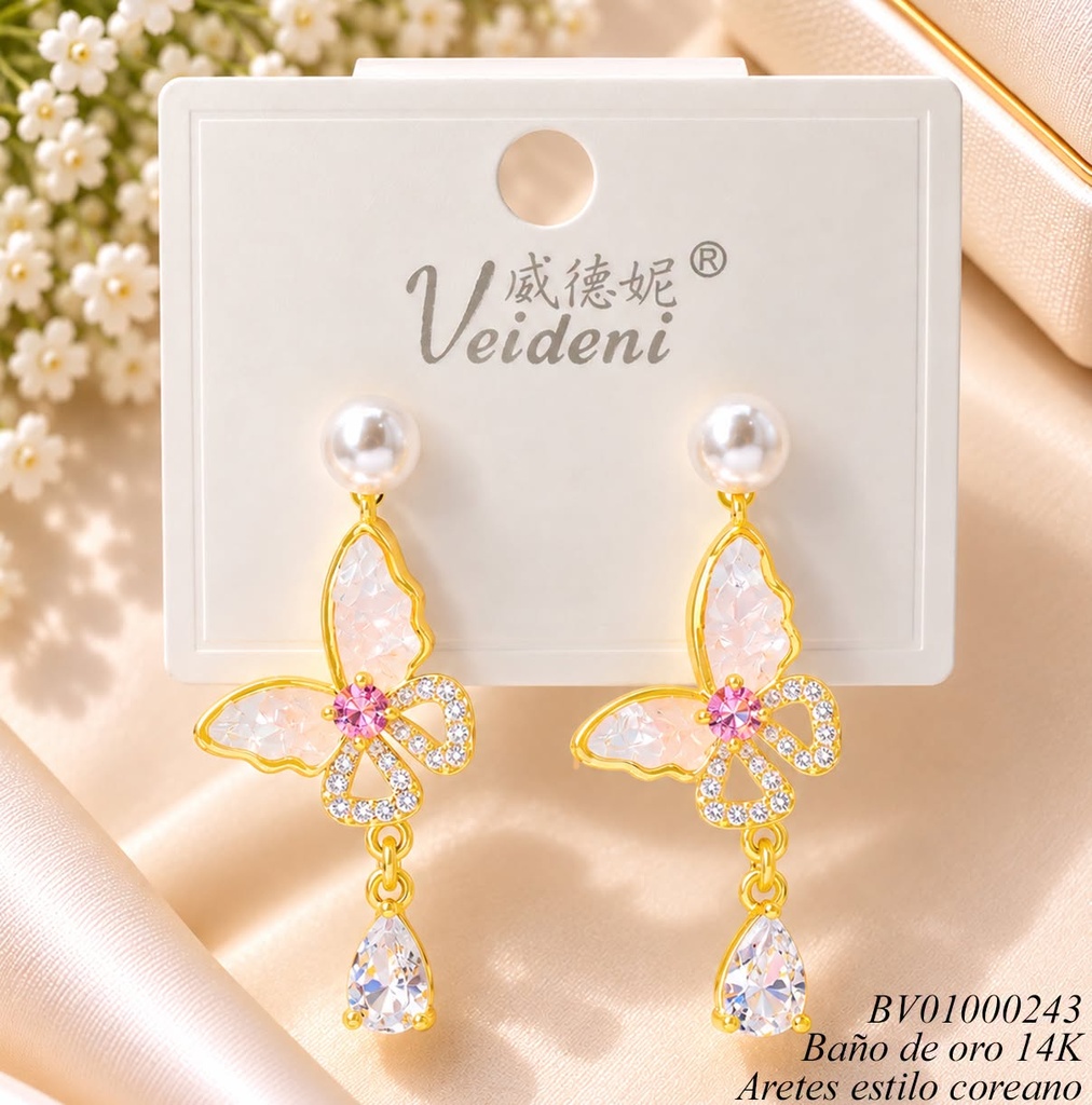 ARETES BAÑO ORO 14K. PERLA/ MARIPOSA BLANCA EH-4147 (VEI080926)