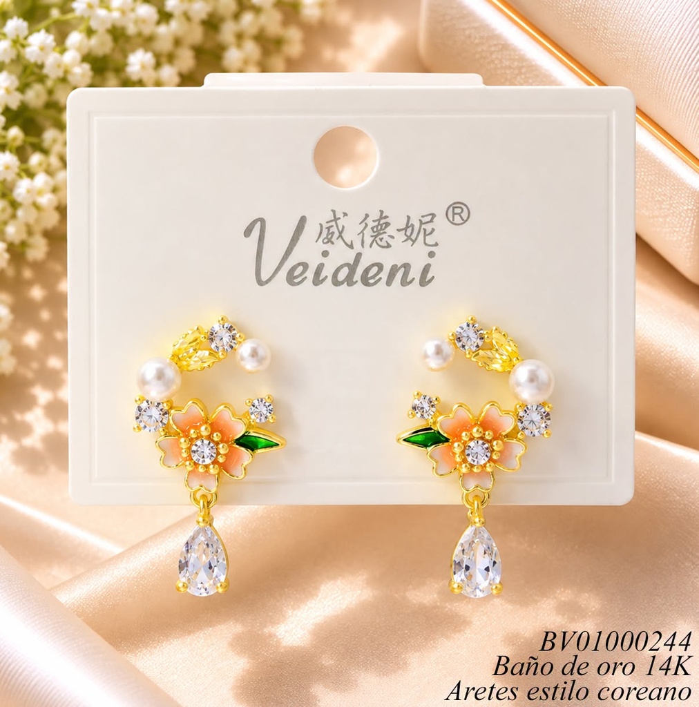 ARETES BAÑO ORO 14K. "C" PERLAS/ZIRC/FLORES EH-3969 (VEI080926)