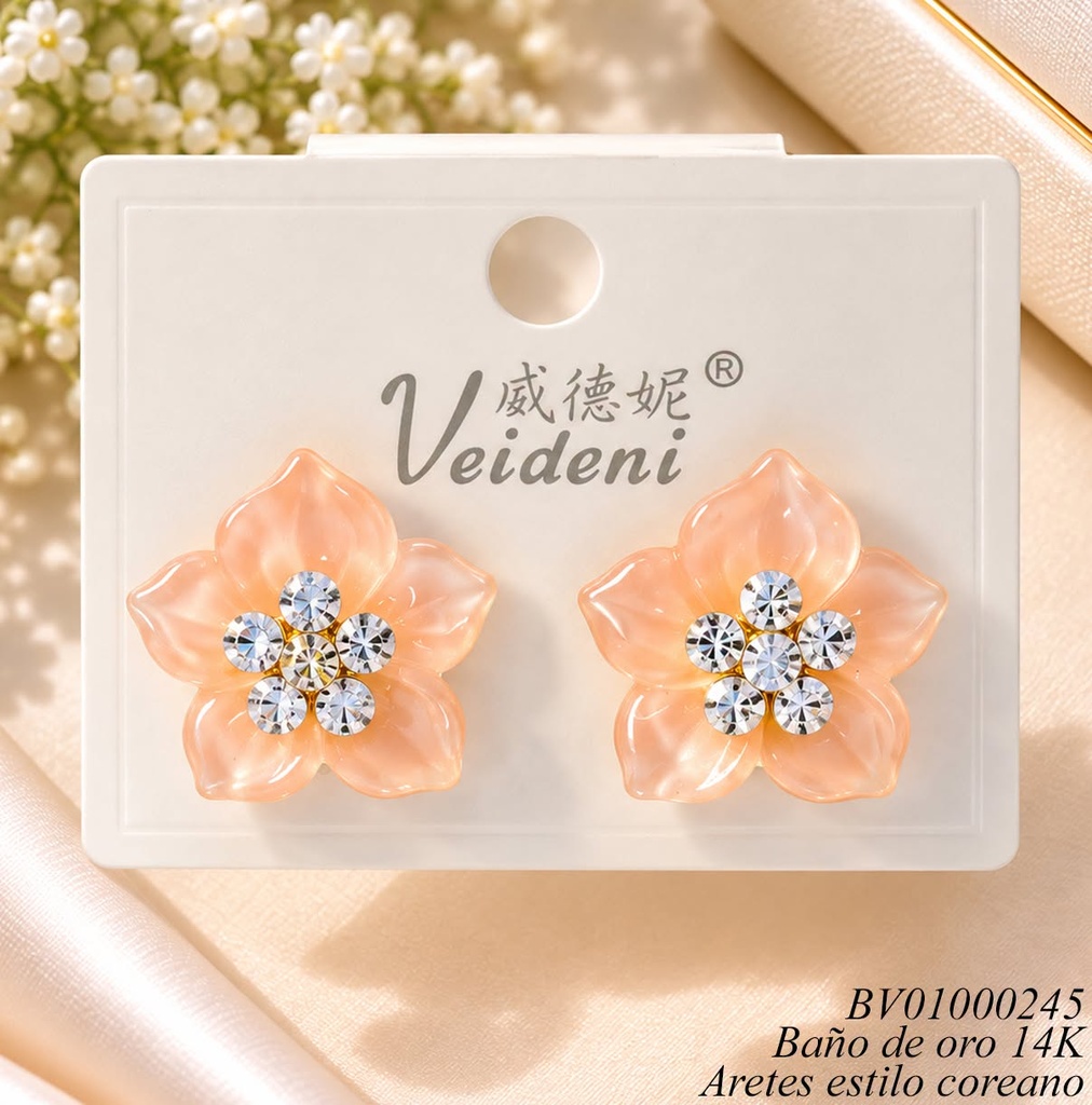 ARETES BAÑO ORO 14K.  FLOR RESINA/ZIRC CRISTAL CENTRO EH-3027 (VEI080926)
