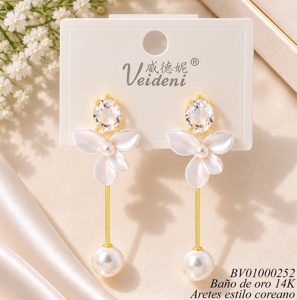 ARETES BAÑO ORO 14K.  ZIRC. OV/FLOR BLANCA/PERLA MMEH-0376 (VEI080926)
