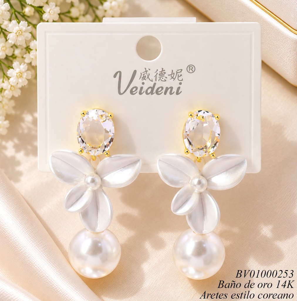 ARETES BAÑO ORO 14K. ZIRC. OV./FLOR BLANCA/PALITO/PERLA MMEH-0376 (VEI080926)