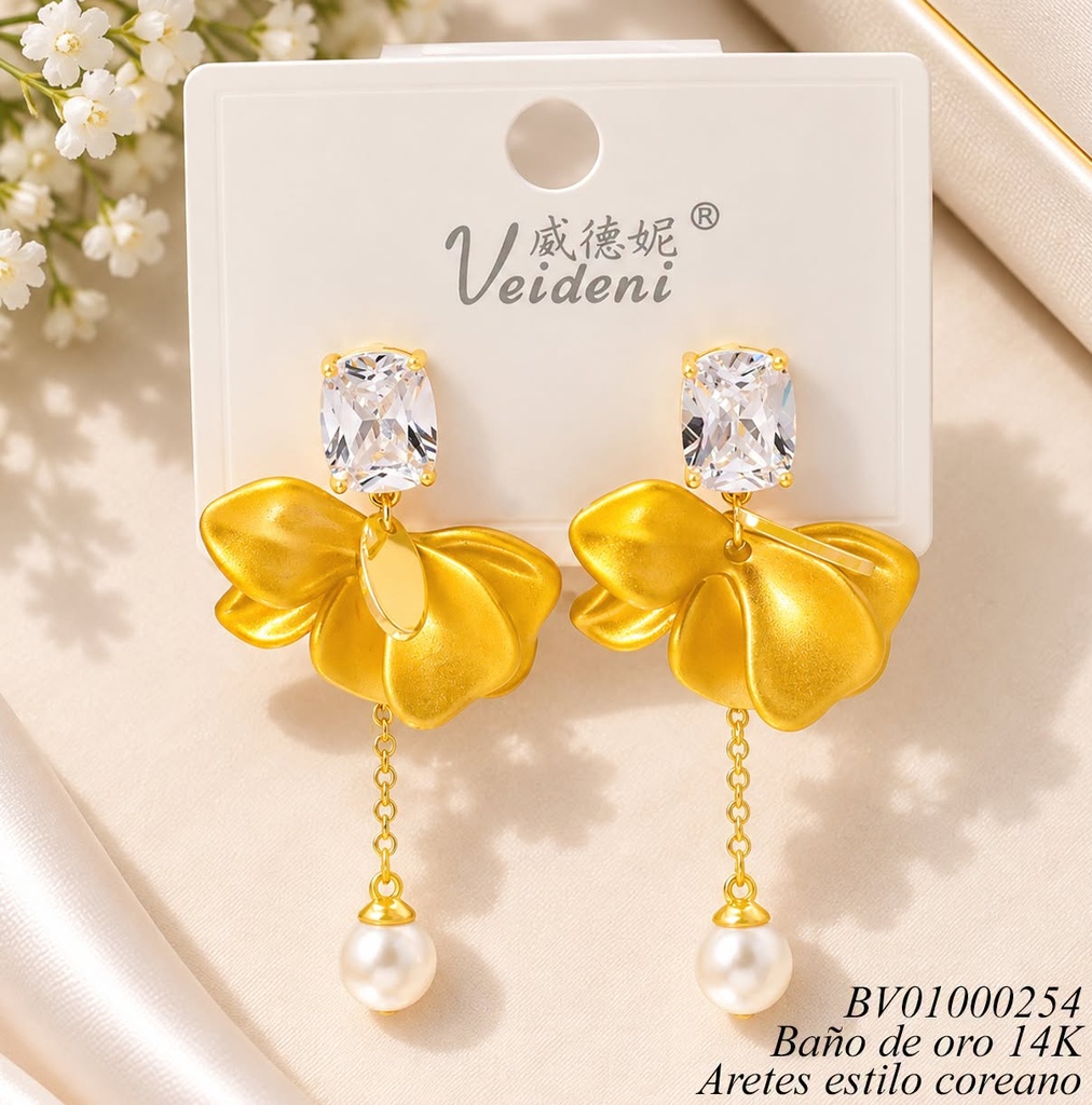 ARETES BAÑO ORO 14K. ZIRC. OV./PETALOS CAFE/PERLA MMEH-0505(VEI080926)