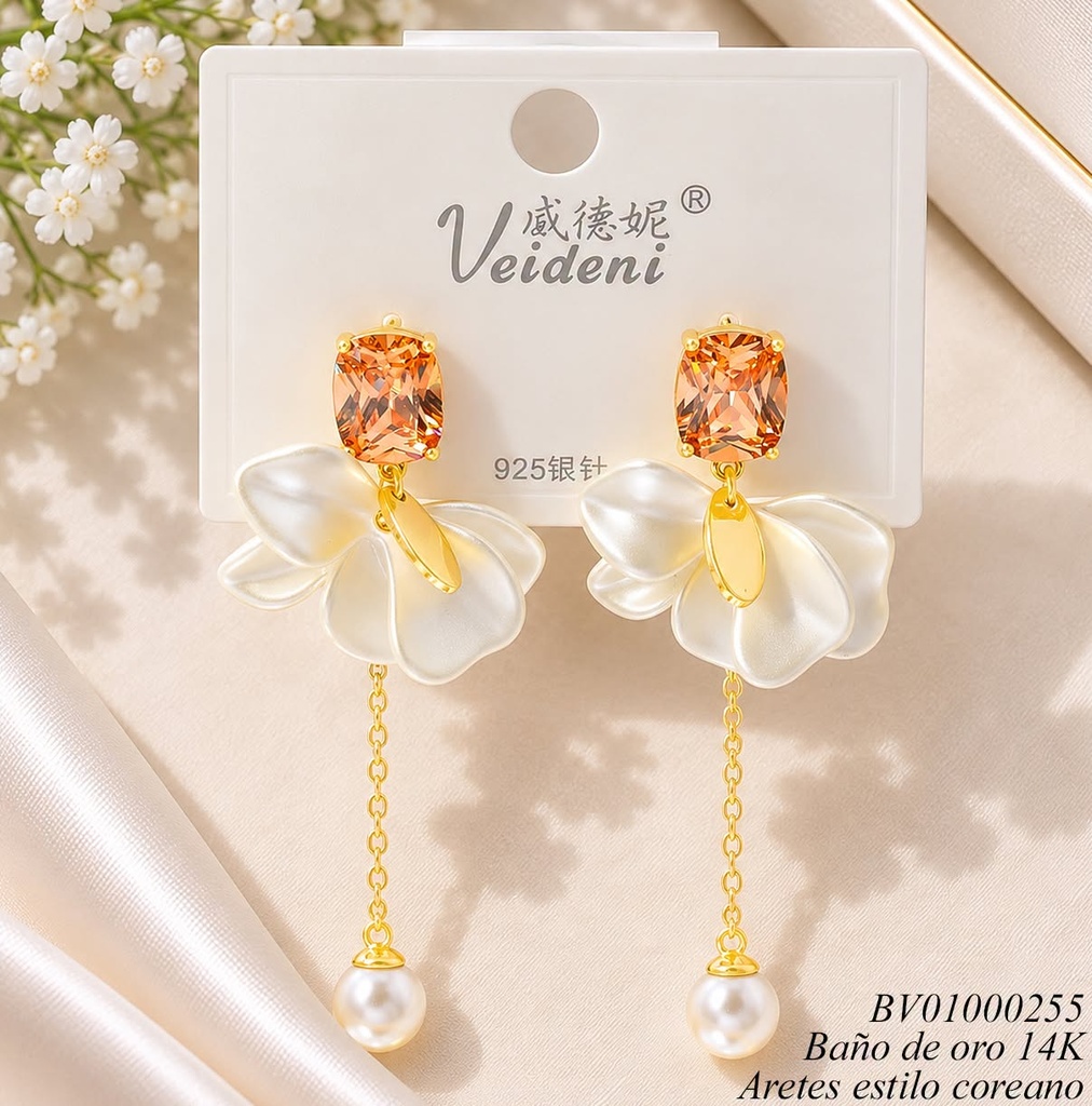ARETES BAÑO ORO 14K. ZIRC. OV. CAFE/PETALOS BLANCOS/PERLA MMEH-0505(VEI080926)