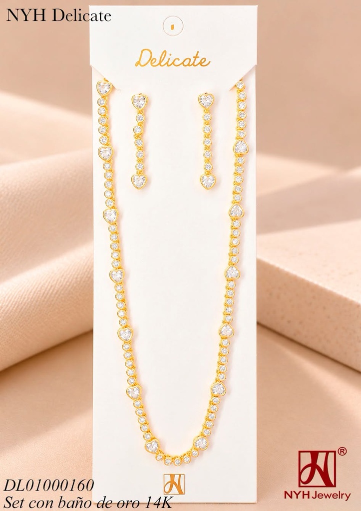 SET BAÑO DE ORO 14K.CORAZONES ZIRCONIAS-RD. XM1449B (OC.)