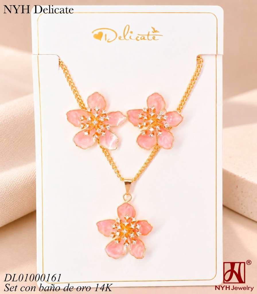 SET BAÑO DE ORO 14K. FLOR ROSADA ESMALTADA C/PISTILO YL260J (OC.)