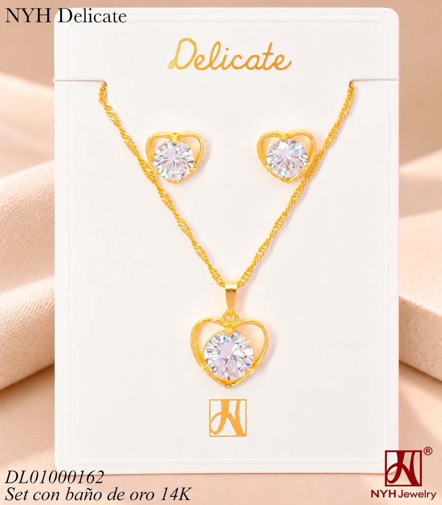 SET BAÑO DE ORO 14K. CROQUI CORAZON C/ZIRC.GR. RD CX393A (OC.)