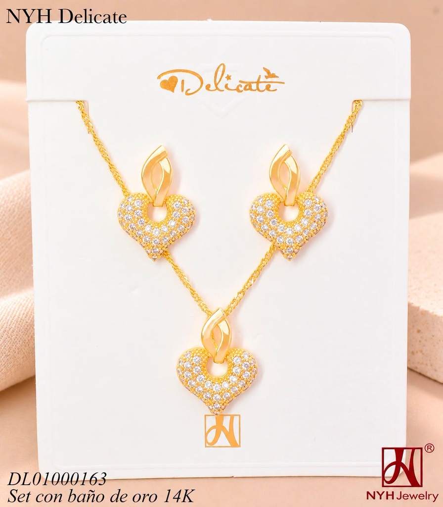 SET BAÑO DE ORO 14K.CORAZON INFLADO ZIRC.CX144A MR (OC.)
