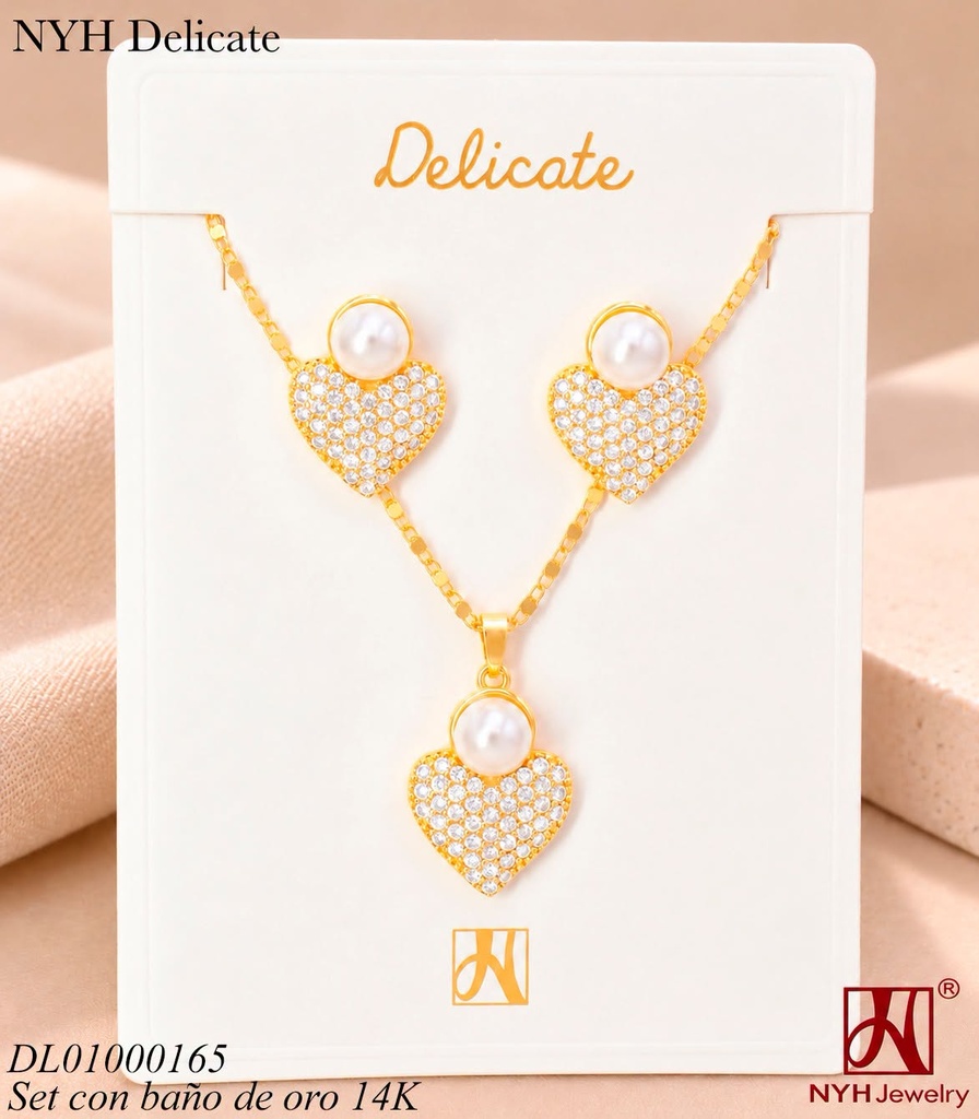 SET BAÑO DE ORO 14K.CORAZON ZIRC.C/PERLA CX95A (OC.)