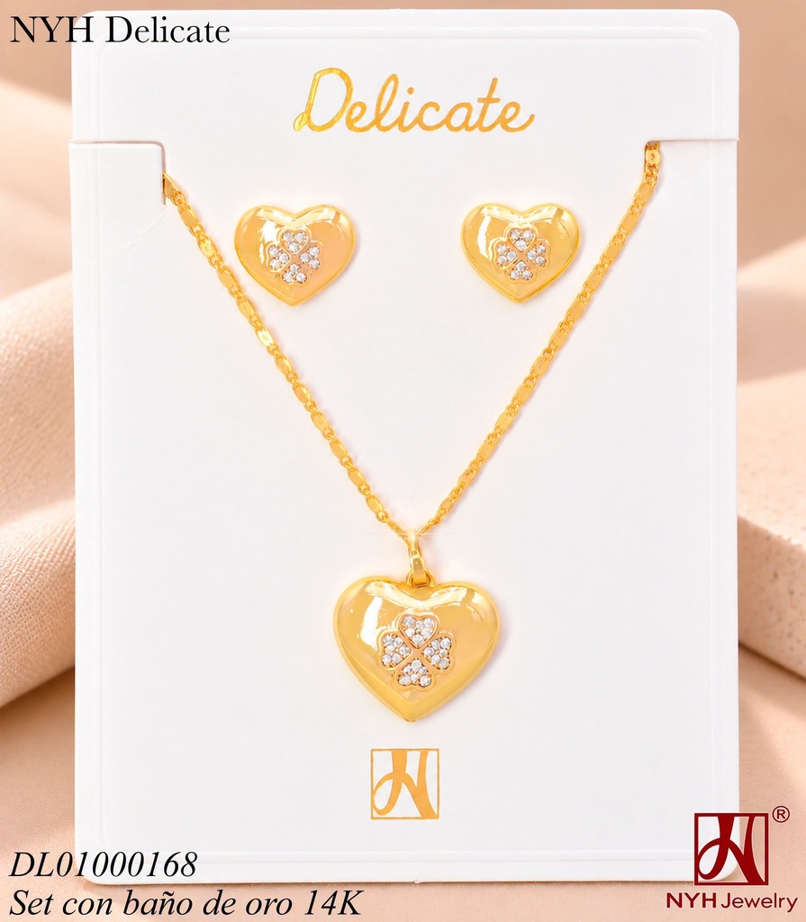 SET BAÑO DE ORO 14K.CORAZON INFLADO ZIRC. TREBOL WD4829A MR (OC.)