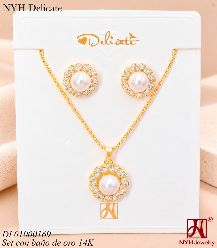 SET BAÑO DE ORO 14K.BASE CIRCULO ZIRC.C/PERLA CX376A (OC.)