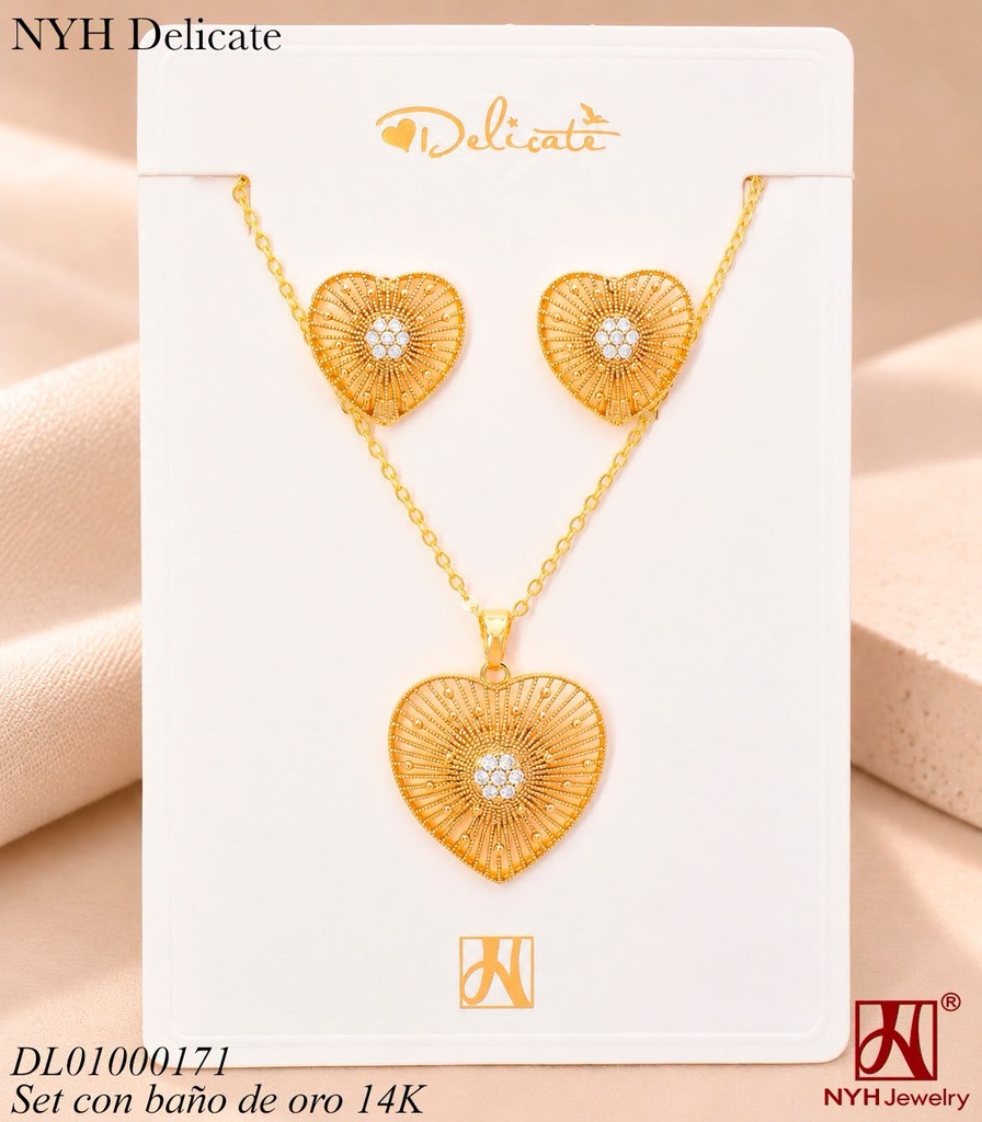 SET BAÑO DE ORO 14K.CORAZON DE LINEAS ZIRC. LHH313A (OC.)