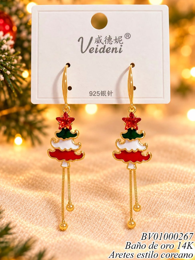 ARETES BAÑO DE ORO 14K. ARBOL C/COLGANTES EH-3195 (2VEI211026)