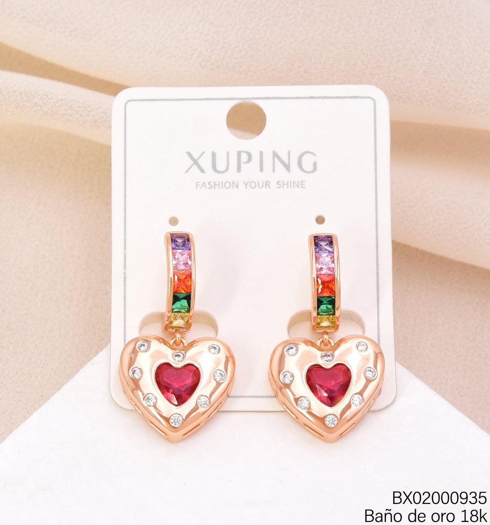 ARETES HUGGIES BAÑO DE ORO 18K.CORAZON ZIRC.COL. (XAG)