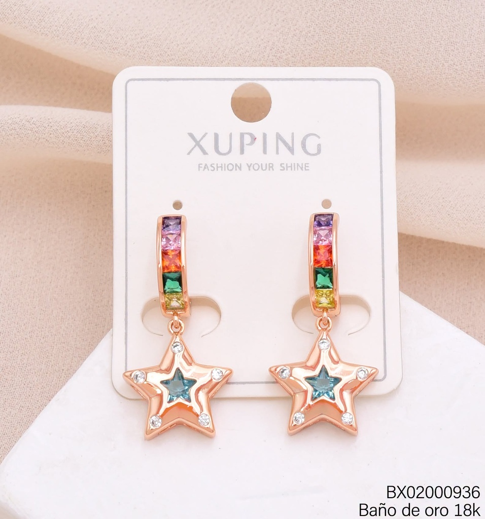 ARETES HUGGIES BAÑO DE ORO 18K.ESTRELLA ZIRC.COL. (XAG)
