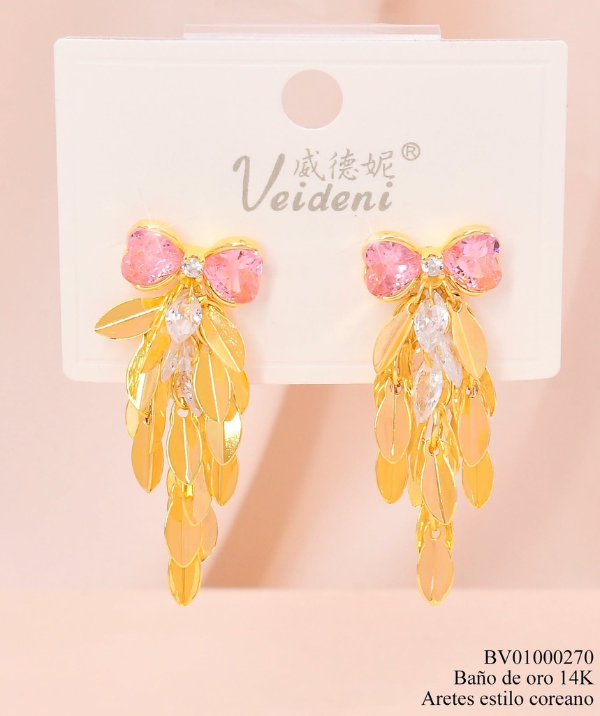 ARETES BAÑO DE ORO 14K. LAZO ZIRC/HOJITAS COLGANTES EH-3674 (2VEI211026)