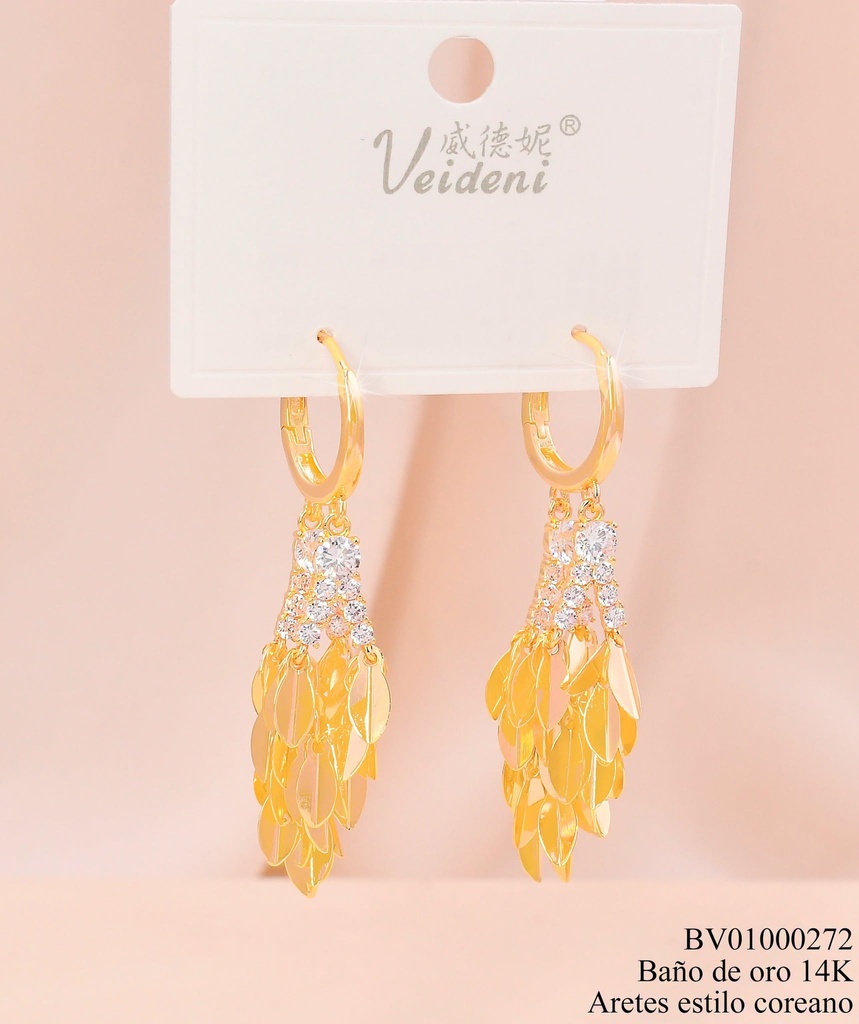 ARETES BAÑO DE ORO 14K. HUGGIES/"V" INVERT./HOJITAS COLGANTES EH-3666 (2VEI211026)