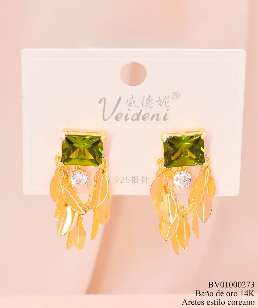 ARETES BAÑO DE ORO 14K. ZIRC RECT VERDE/HOJITAS COLGANTES EH-3669