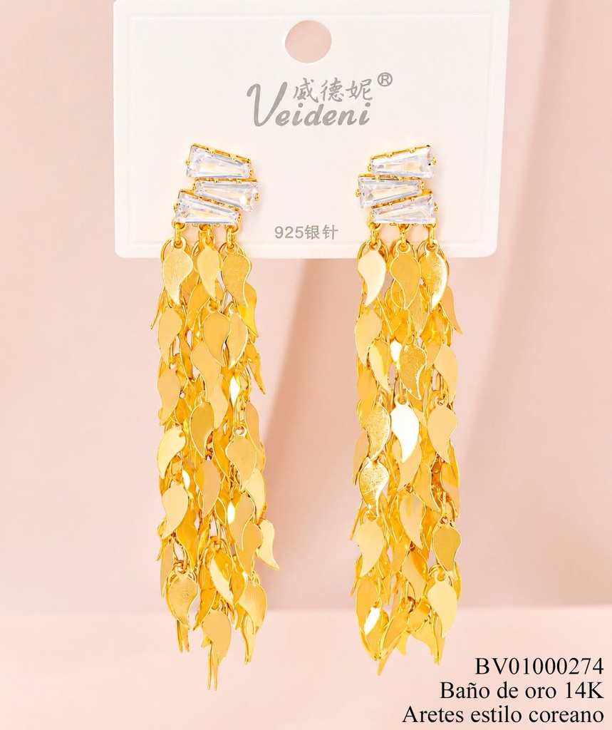 ARETES BAÑO DE ORO 14K. ZIRC RECT/RACIMO GOTAS IVERT. EH-3700 (2VEI211026)