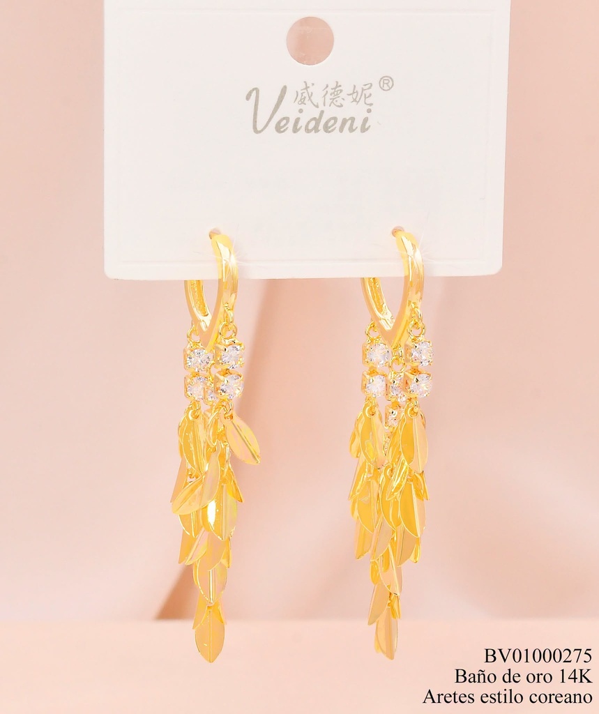ARETES BAÑO DE ORO 14K. HUGGIES/LINEAS ZIRC/HOJITAS COLGANTES EH-3733 (2VEI211026)