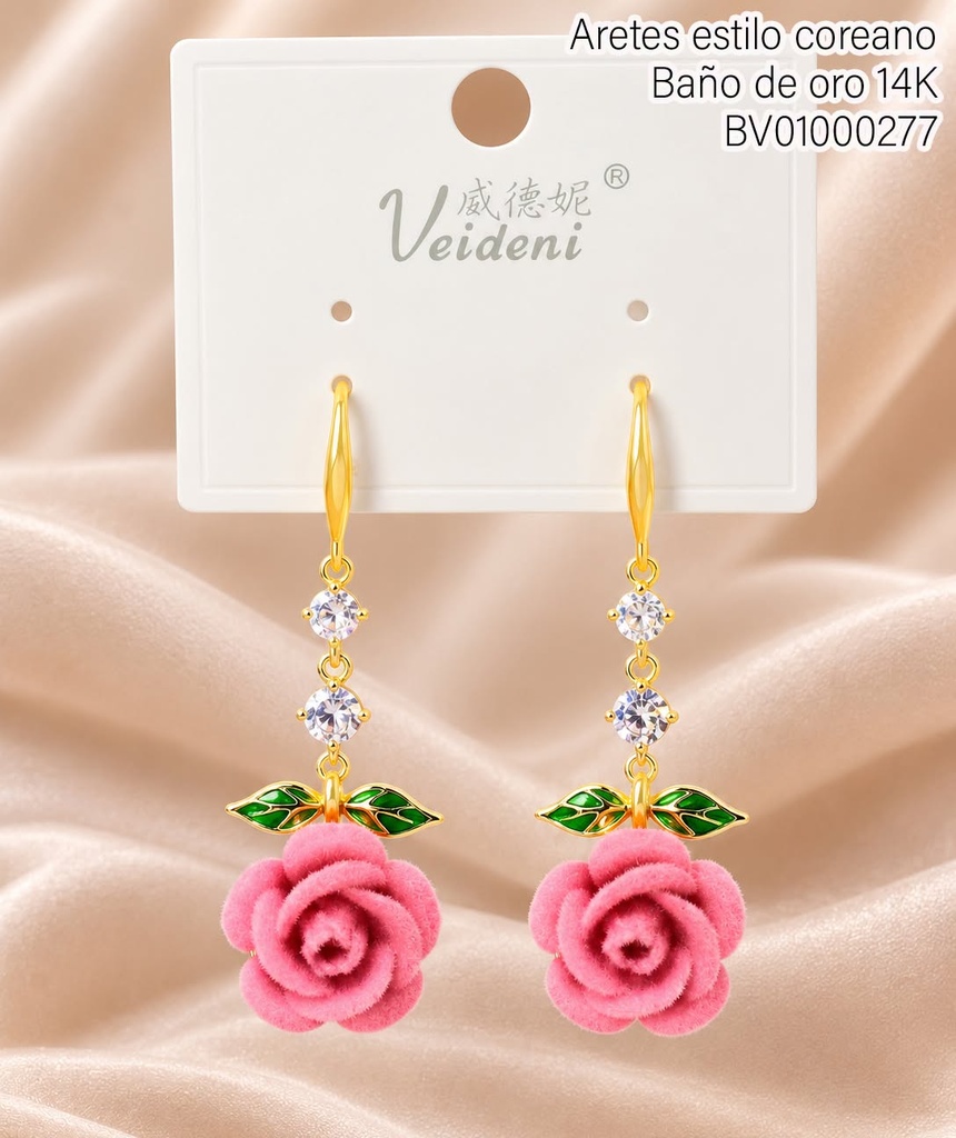 ARETES BAÑO DE ORO 14K  FLOR ROSADA GAMUZA C/HOJITAS EH-4483 (VEI080926)