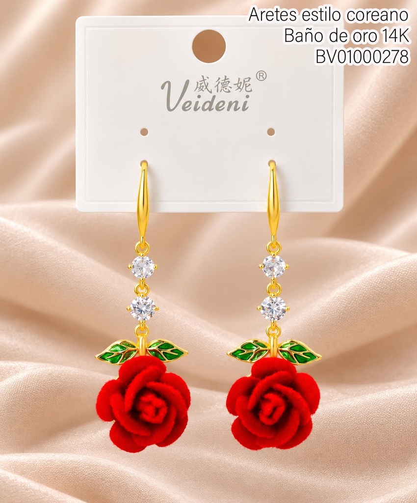 ARETES BAÑO DE ORO 14K. FLOR ROJA GAMUZA C/HOJITAS EH-4434 (VEI080926)