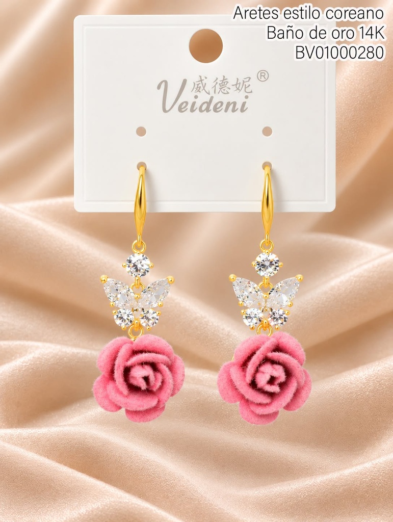 ARETES BAÑO DE ORO 14K. FLOR ROSADA GAMUZA MARIPOSA ZIRC. EH-3786 (VEI080926)