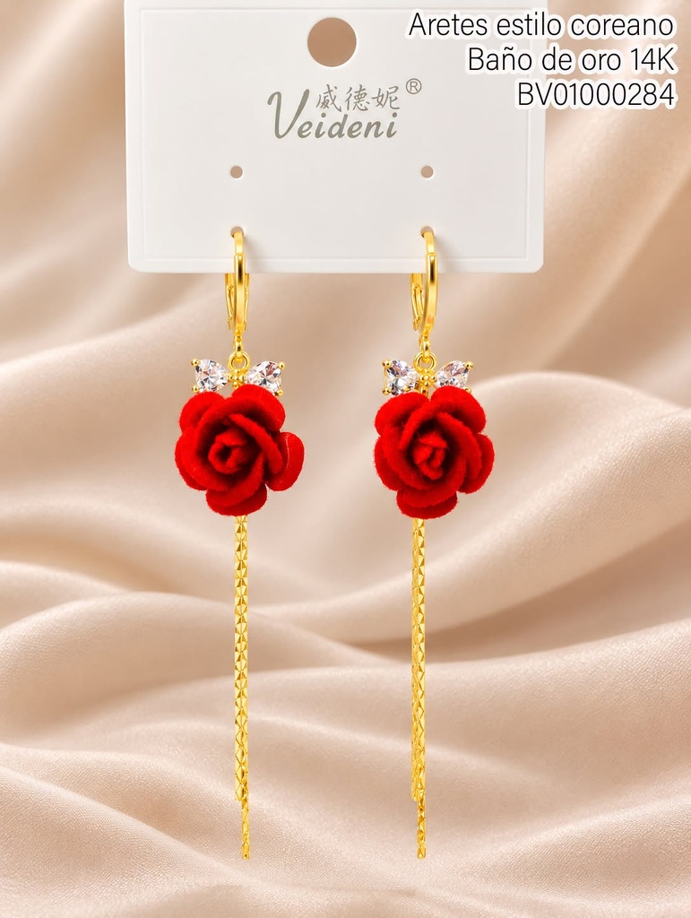 ARETES HUGGIES BAÑO DE ORO 14K. FLOR ROJA GAMUZA/COLGANTES/LAZO ZIRC. EH-4413 (VEI080926)