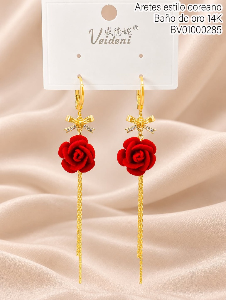 ARETES HUGGIES BAÑO DE ORO 14K. FLOR ROJA GAMUZA/COLGANTES/LAZO EH-4483 (VEI080926)
