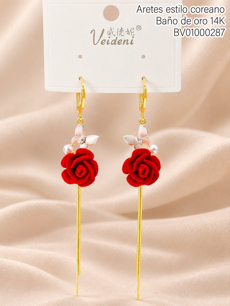 ARETES HUGGIES BAÑO DE ORO 14K. FLOR ROJA GAMUZA/MARIPOSA EH-4479 (VEI080926)