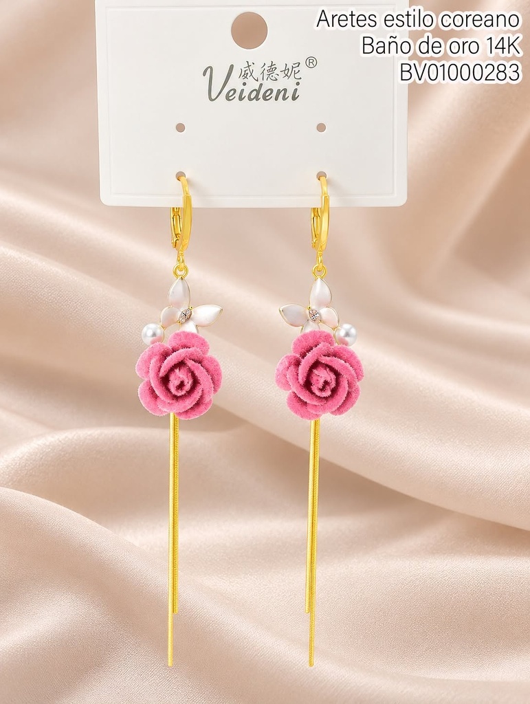 ARETES HUGGIES BAÑO DE ORO 14K. FLOR ROSADA GAMUZA GOTA ZIRC. EH-4479 (VEI080926)